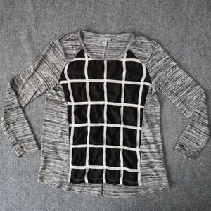 Tribella Women's Gray‎ Black Grid Print Long Sleeve Casual Top